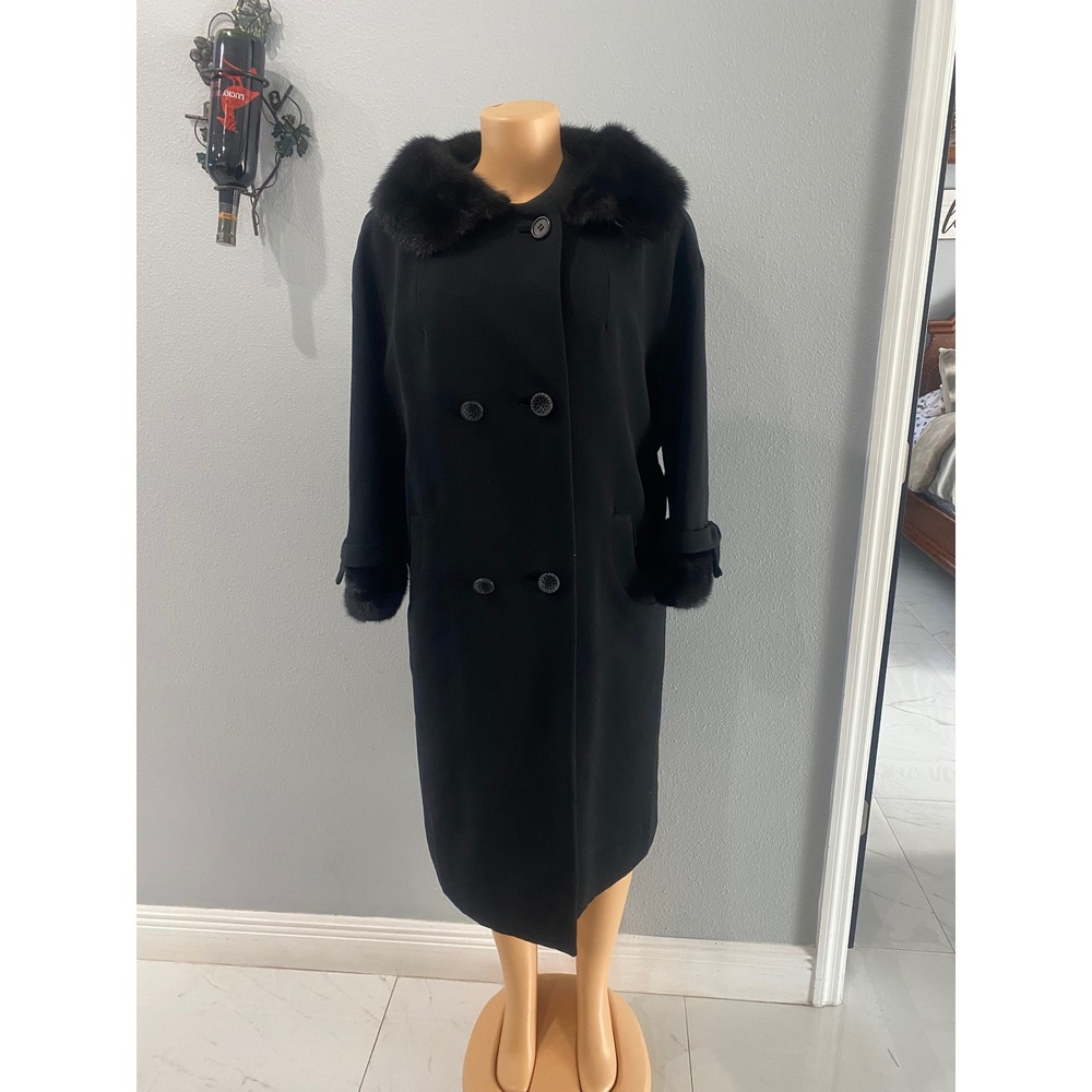 Vintage Bramson Chicago Fur Trim Wool Coat Black Len Artel Belgium Woven Mid-Mod
